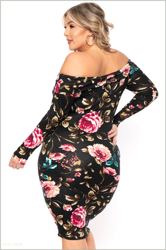  Plus Size Lydia Floral Midi Dress- Black T31-CS1829FP-BK-1X