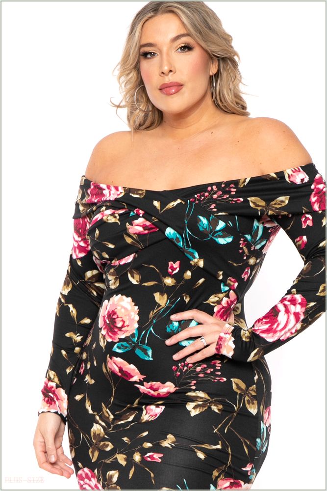  Plus Size Lydia Floral Midi Dress- Black T31-CS1829FP-BK-1X