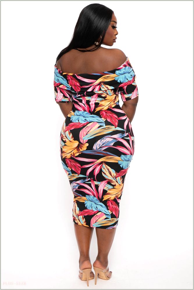  Plus Size Lydia Leaf Print Dress- Black S9-CS2510-BK-2X