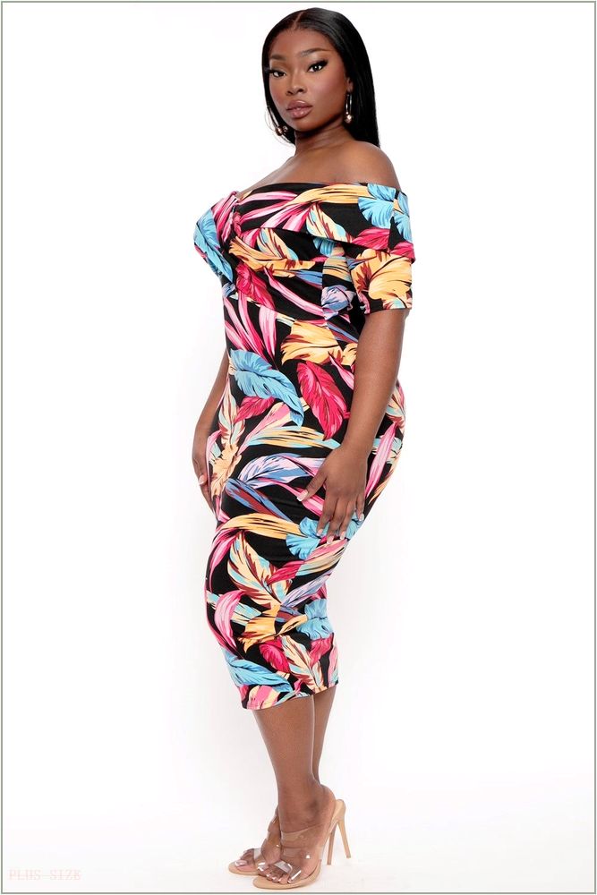  Plus Size Lydia Leaf Print Dress- Black S9-CS2510-BK-2X