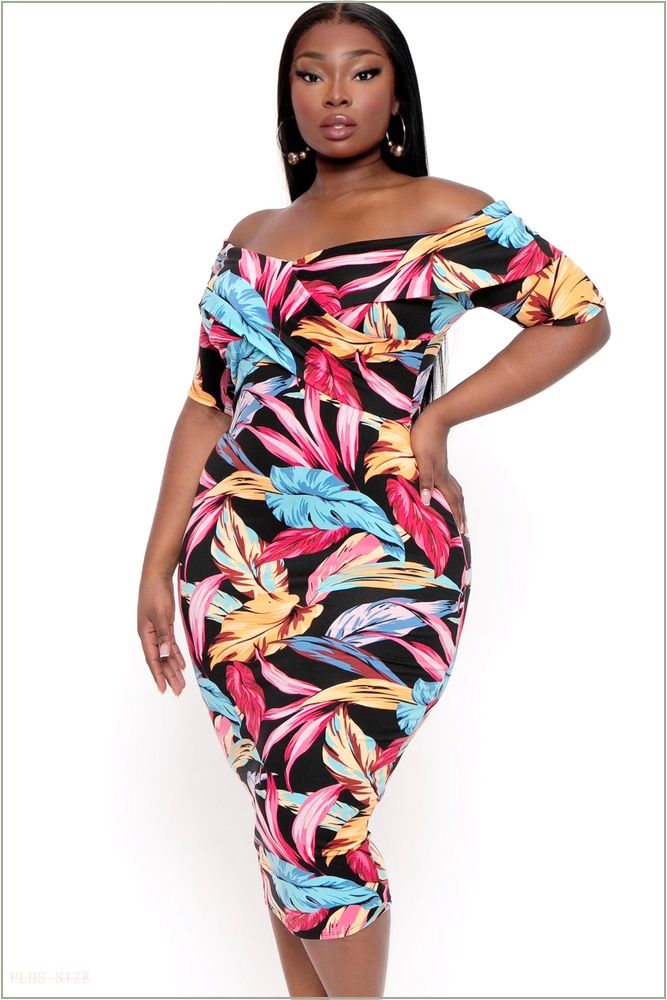  Plus Size Lydia Leaf Print Dress- Black S9-CS2510-BK-2X