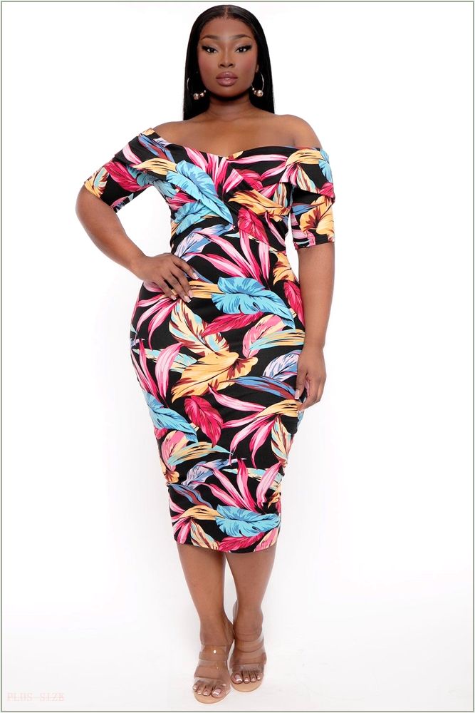  Plus Size Lydia Leaf Print Dress- Black S9-CS2510-BK-2X