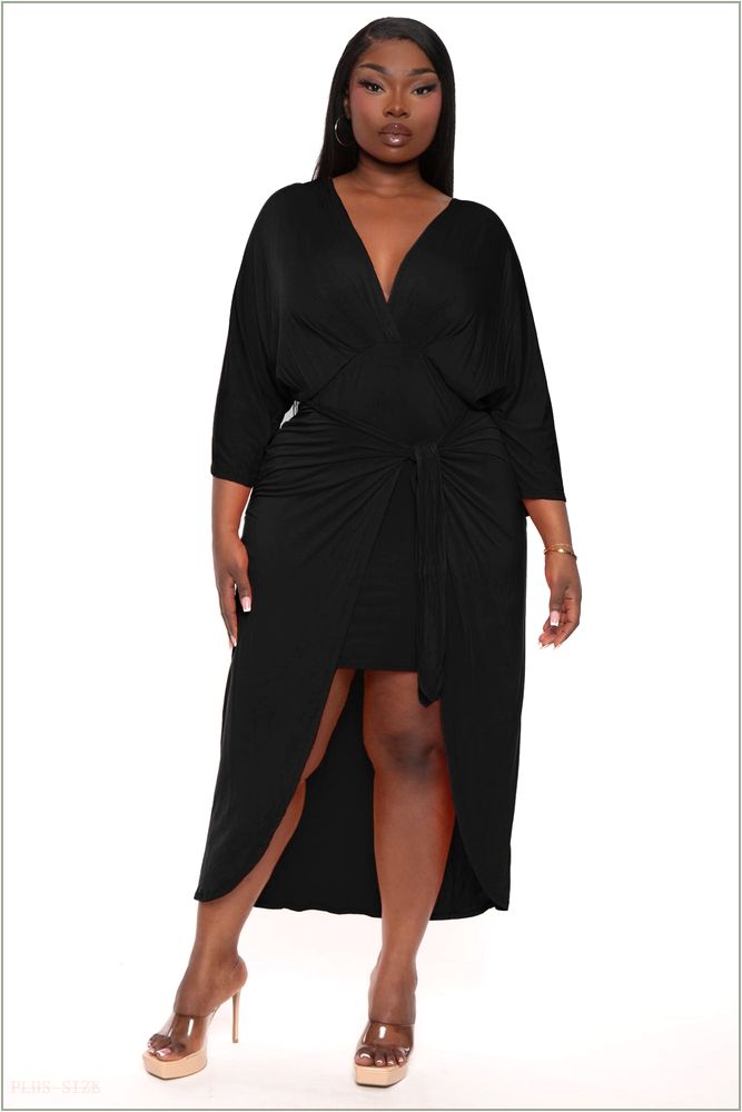  Plus Size Maleda Front Wrap Dress- Black Z231-26380AX-BK-1X