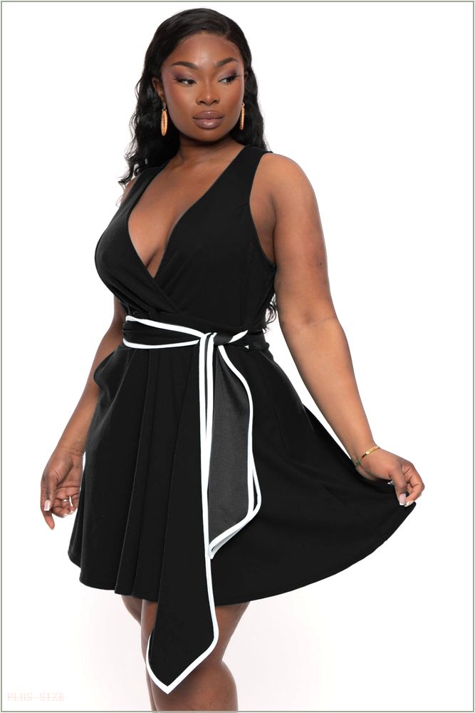  Plus Size Marisa Front Tie Flare Dress- Black H16-CS2540-BK-1X