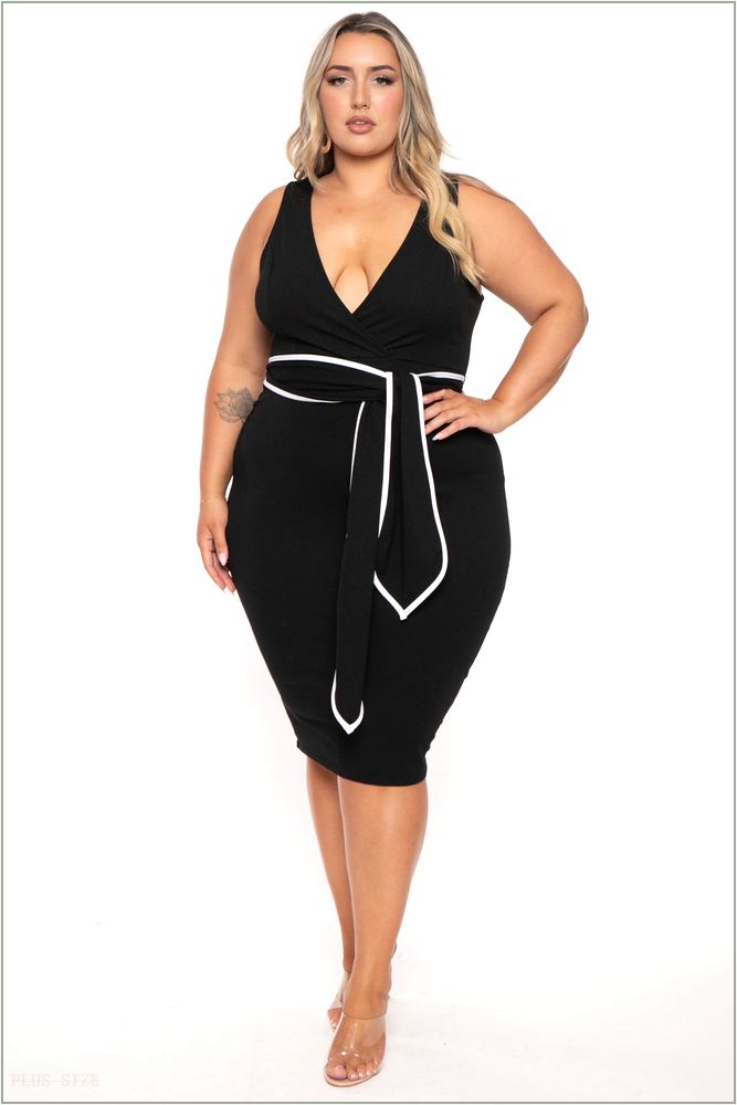  Plus Size Marisa Front Tie Midi Dress- Black H9-CS2538-BK-1X