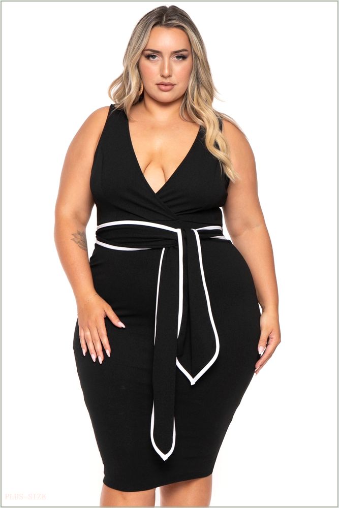  Plus Size Marisa Front Tie Midi Dress- Black H9-CS2538-BK-1X