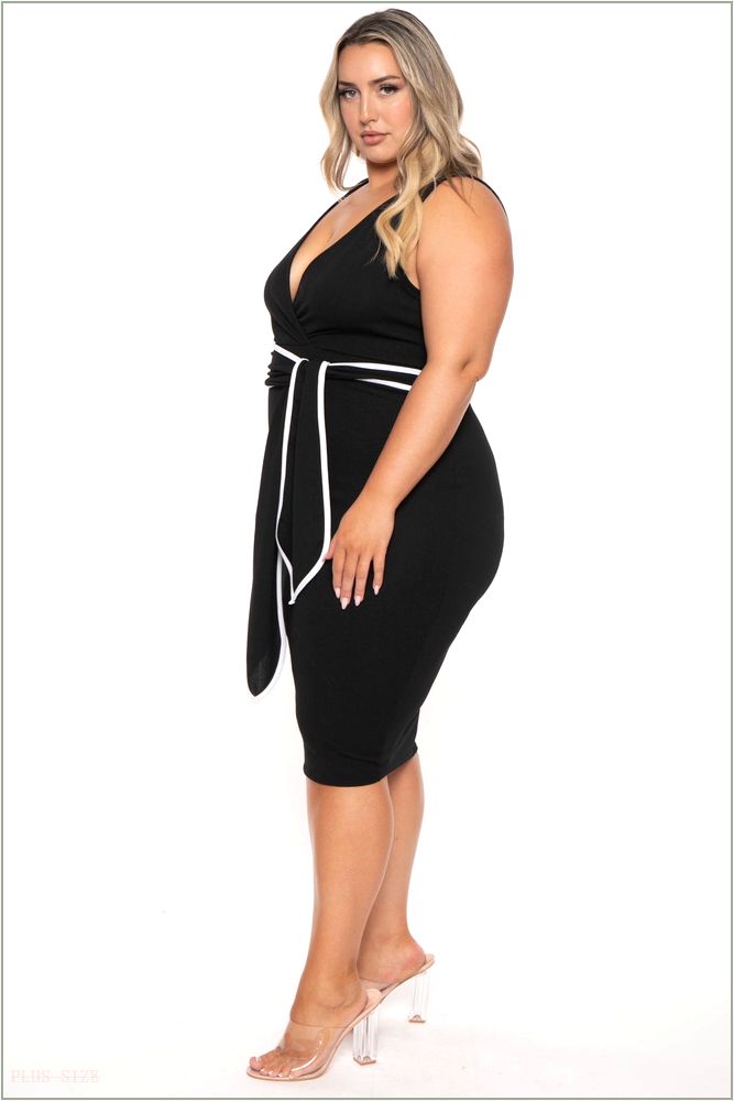  Plus Size Marisa Front Tie Midi Dress- Black H9-CS2538-BK-1X