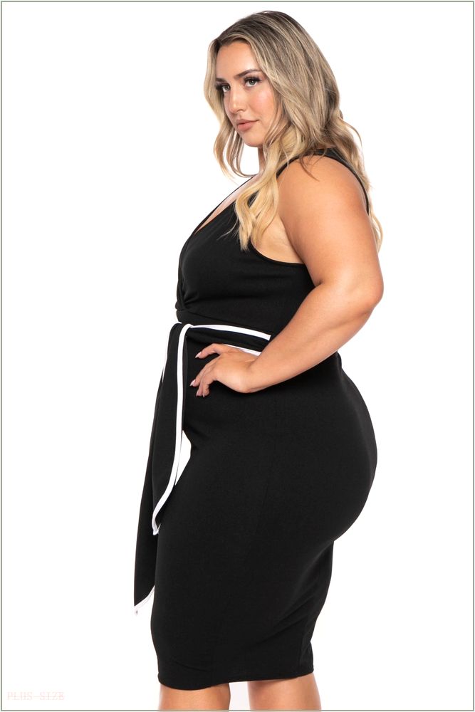  Plus Size Marisa Front Tie Midi Dress- Black H9-CS2538-BK-1X