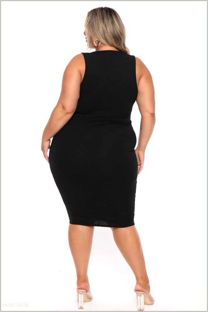  Plus Size Marisa Front Tie Midi Dress- Black H9-CS2538-BK-1X