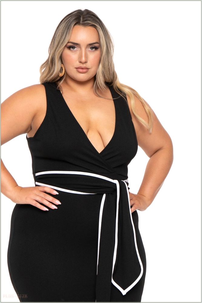  Plus Size Marisa Front Tie Midi Dress- Black H9-CS2538-BK-1X