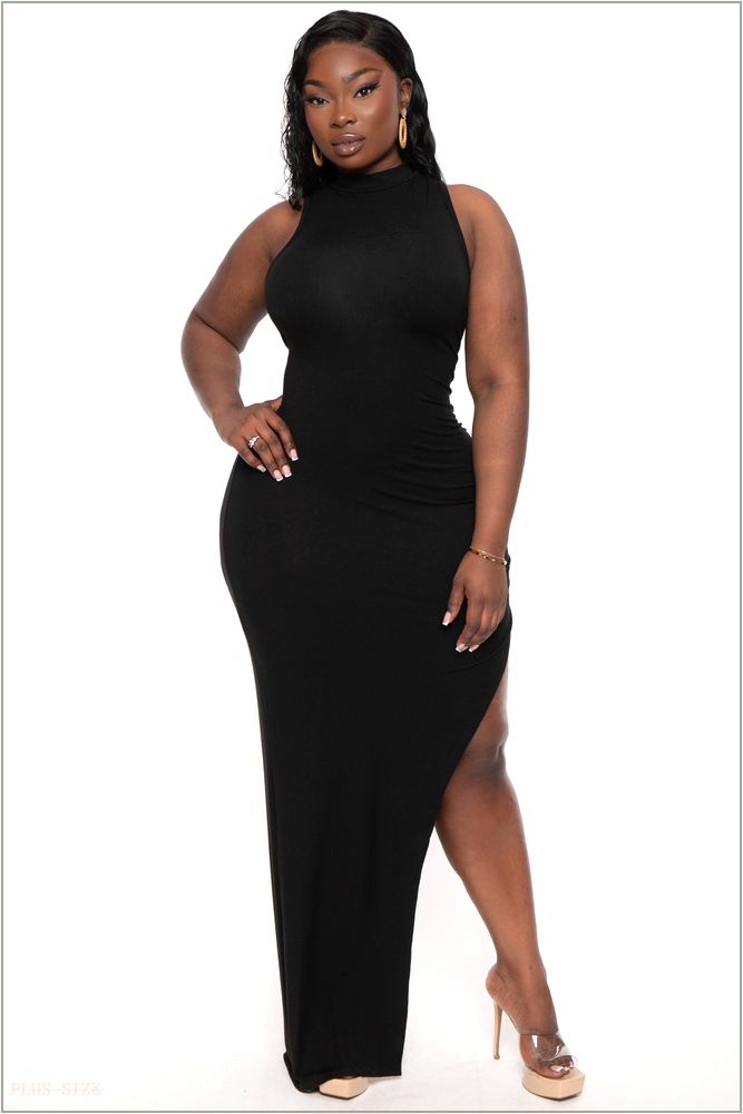  Plus Size Melania Mock Neck Maxi Dress - Black H12-CS2395-BK-1X