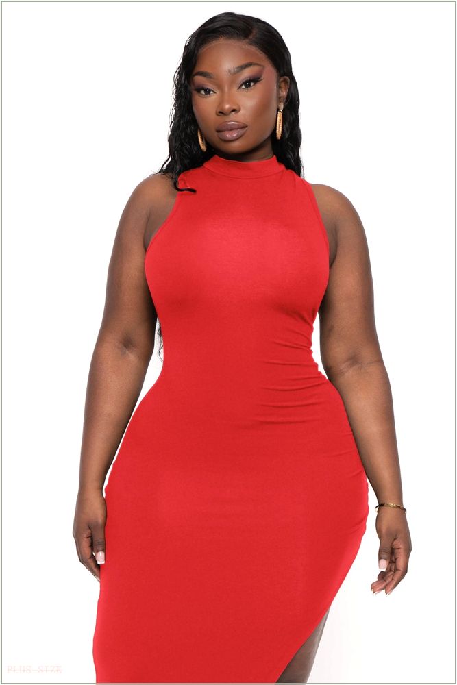  Plus Size Melania Mock Neck Maxi Dress - Red H12-CS2395-RD-1X