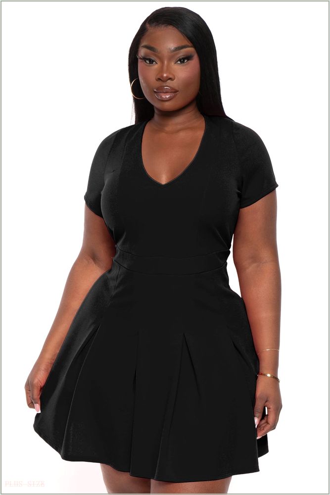  Plus Size Meline Pleated Dress- Black H1-CS2332-BK-1X