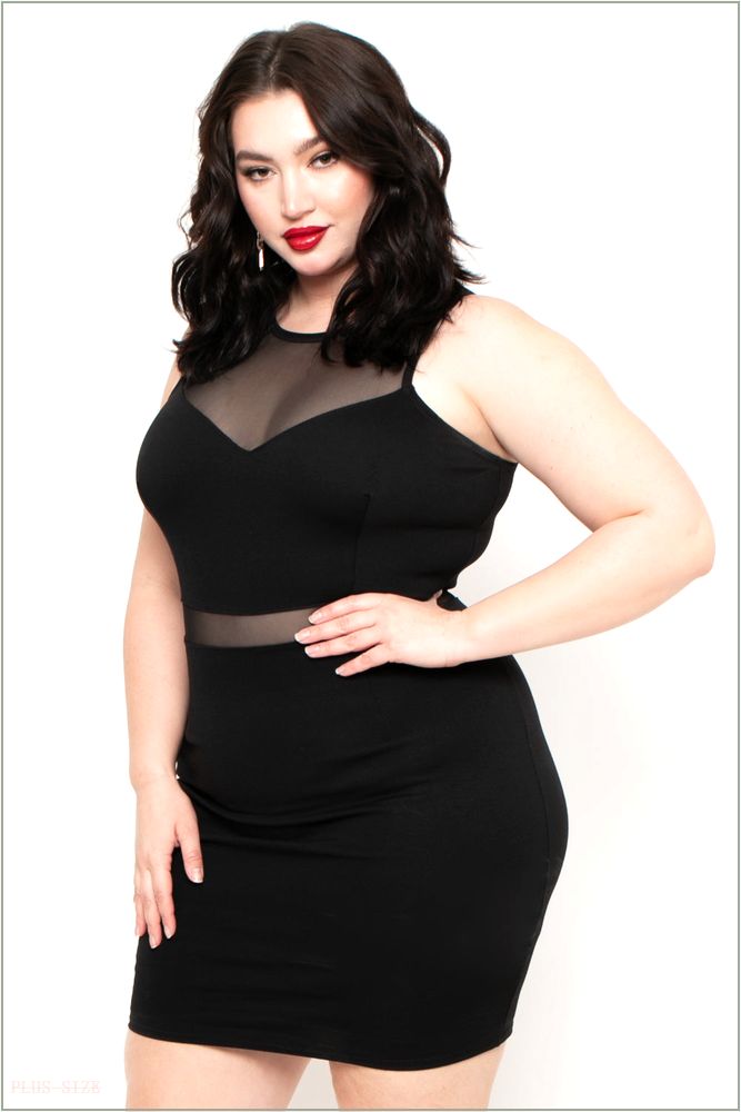  Plus Size Mesh Contrast Dress - Black BOX\H6-CS0220-BK-4X