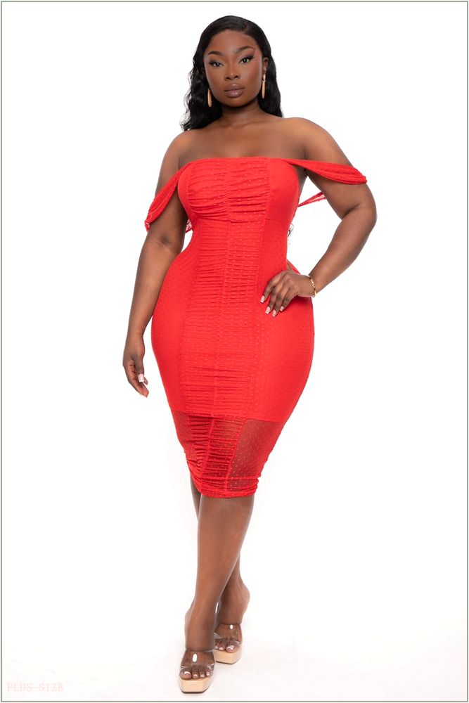  Plus Size Mildred Off The Shouder Midi Dress - Red H8-CS2365-RD-1X