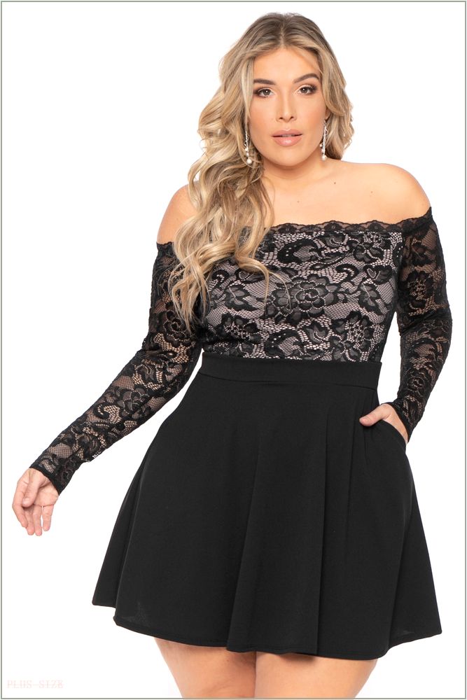  Plus Size Minnie Lace Top Flare Dress - Black UP3-CS2265-BK-2X