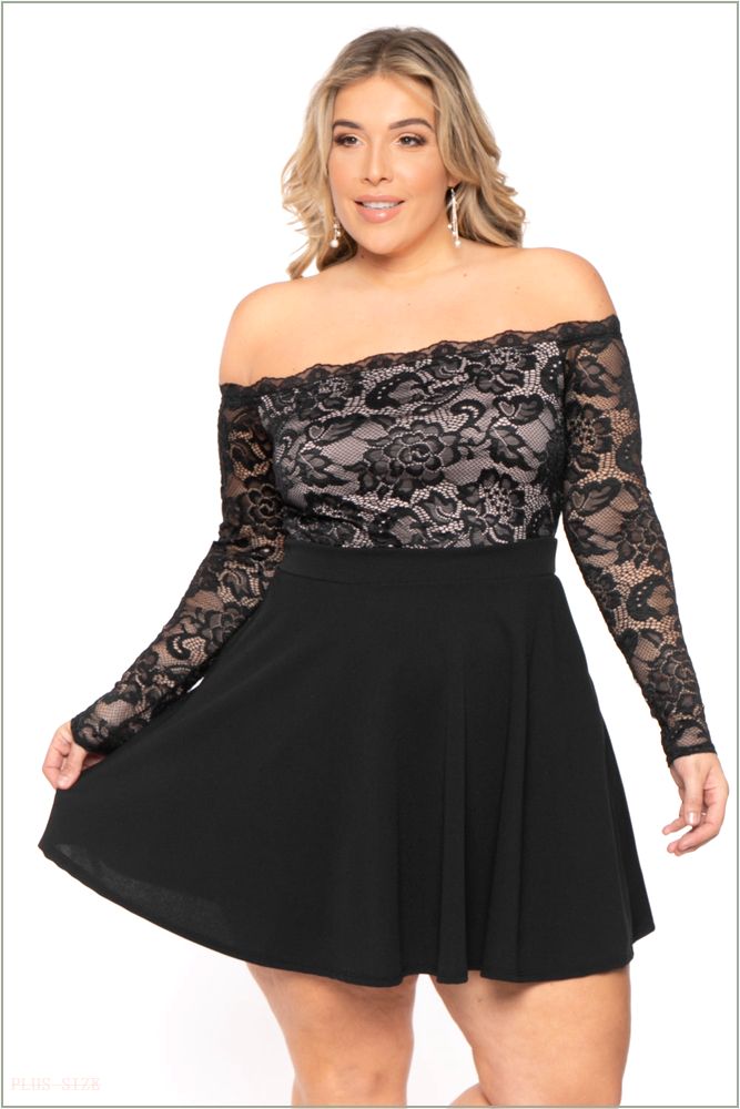  Plus Size Minnie Lace Top Flare Dress - Black UP3-CS2265-BK-2X