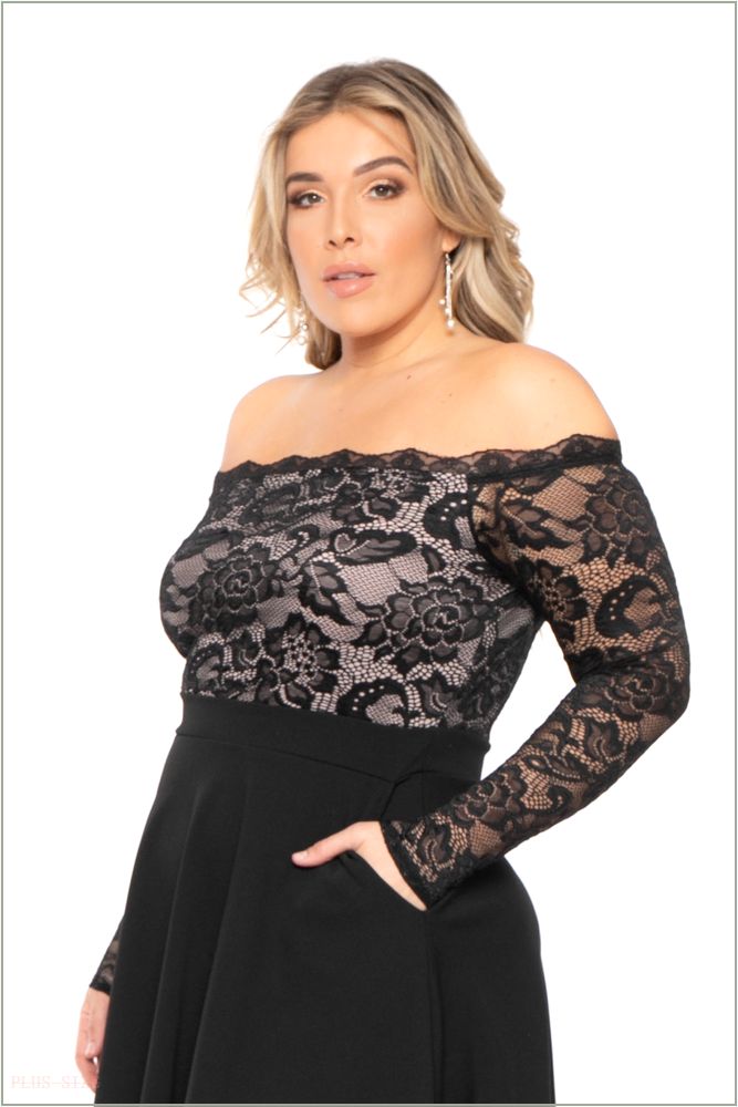  Plus Size Minnie Lace Top Flare Dress - Black UP3-CS2265-BK-2X