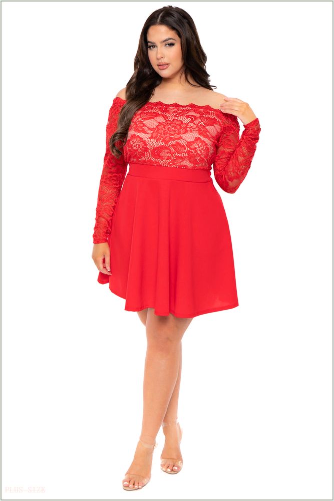  Plus Size Minnie Lace Top Flare Dress - Red UP3-CS2265-RD-1X