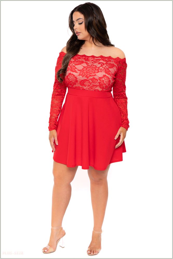  Plus Size Minnie Lace Top Flare Dress - Red UP3-CS2265-RD-1X