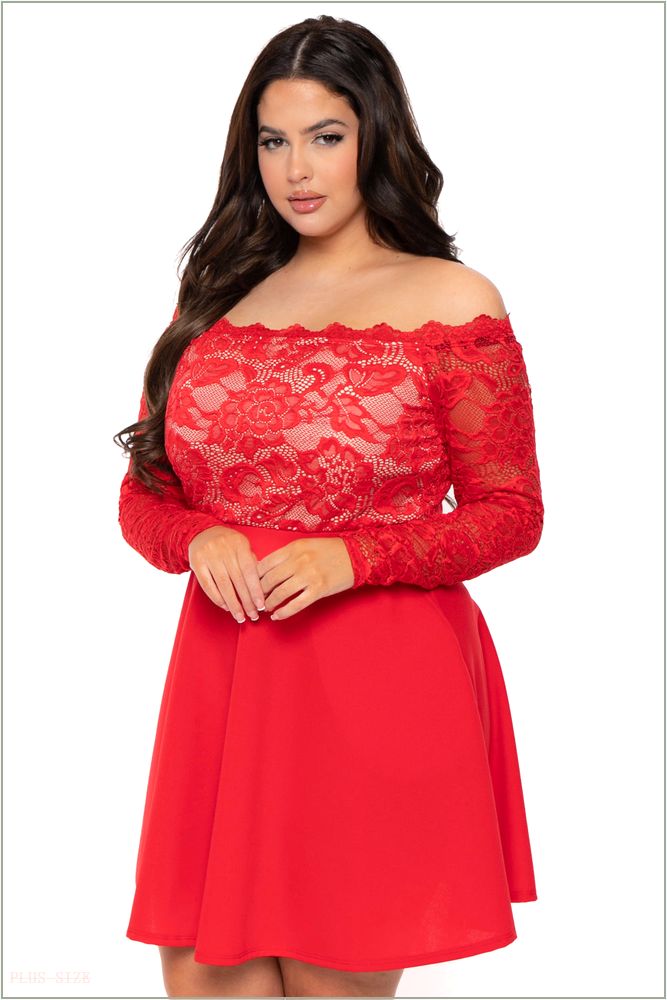  Plus Size Minnie Lace Top Flare Dress - Red UP3-CS2265-RD-1X