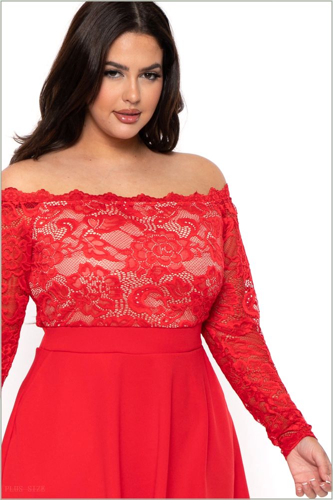  Plus Size Minnie Lace Top Flare Dress - Red UP3-CS2265-RD-1X