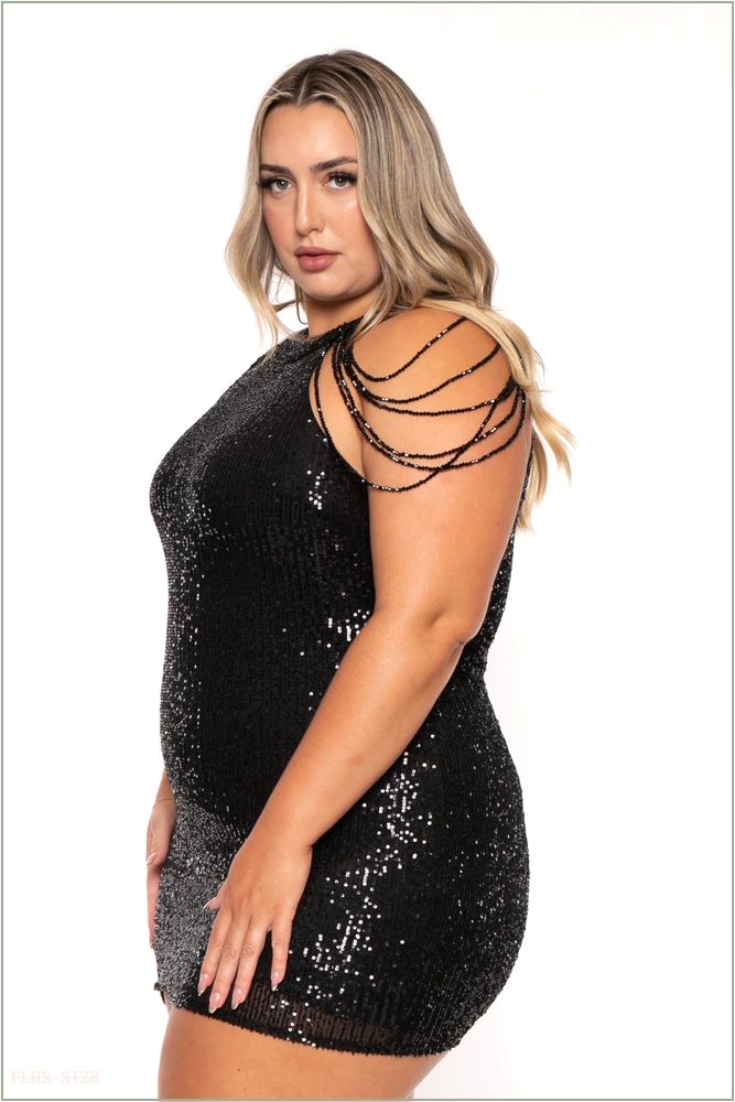  Plus Size Mistika Sequins Dress - Black C42-DR8382X-BK-1X