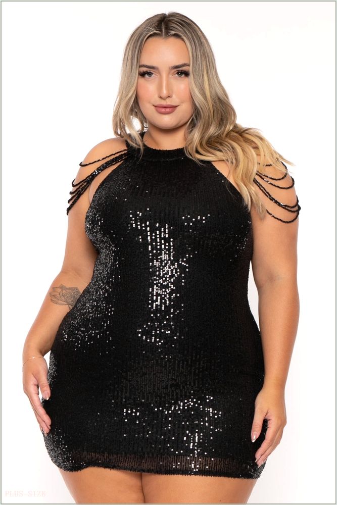  Plus Size Mistika Sequins Dress - Black C42-DR8382X-BK-1X