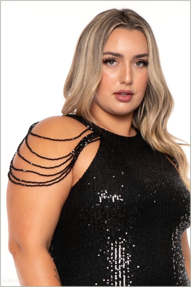  Plus Size Mistika Sequins Dress - Black C42-DR8382X-BK-1X