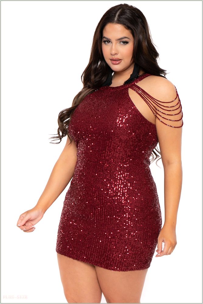  Plus Size Mistika Sequins Dress - Burgundy B50-DR8382X-BY-1X