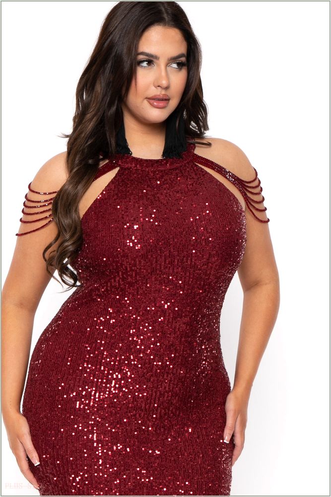  Plus Size Mistika Sequins Dress - Burgundy B50-DR8382X-BY-1X