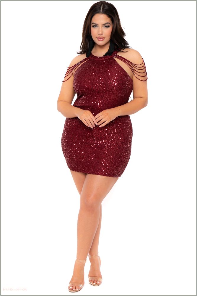  Plus Size Mistika Sequins Dress - Burgundy B50-DR8382X-BY-1X