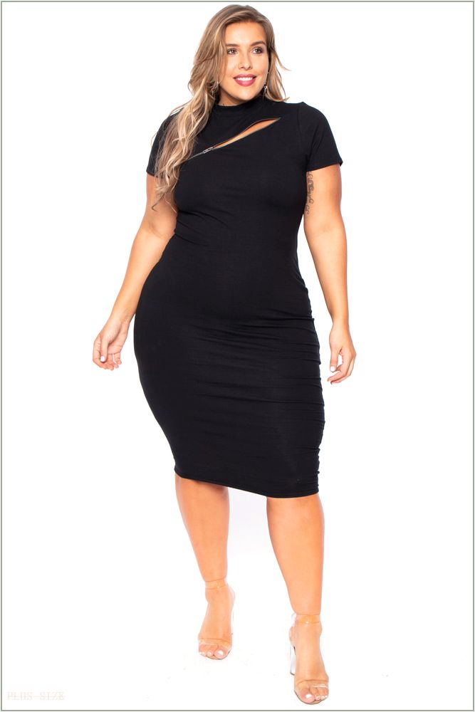  Plus Size Mock Neck Zipper Dress - Black D53-CS1211-BK-4X