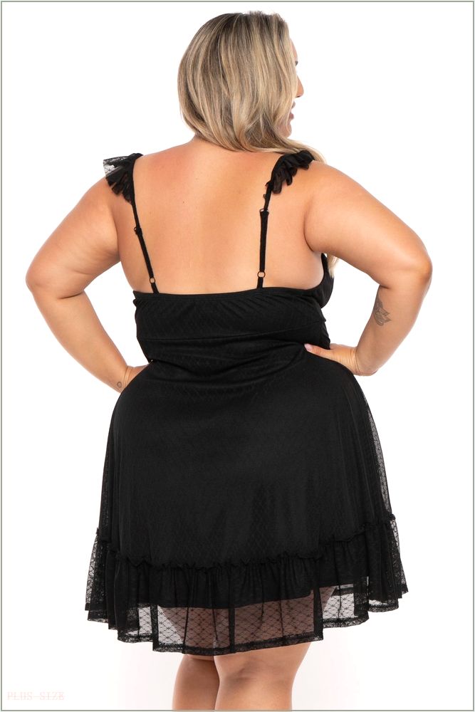  Plus Size Nellie Lace Mesh Ruffle Flare Dress - Black H12-CS2406-BK-1X