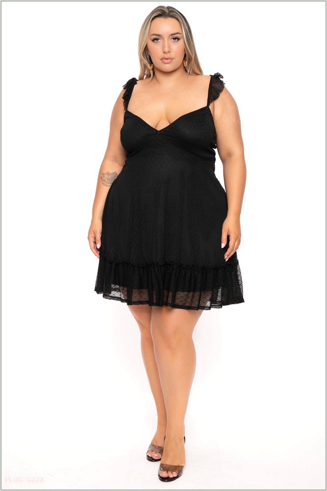  Plus Size Nellie Lace Mesh Ruffle Flare Dress - Black H12-CS2406-BK-1X