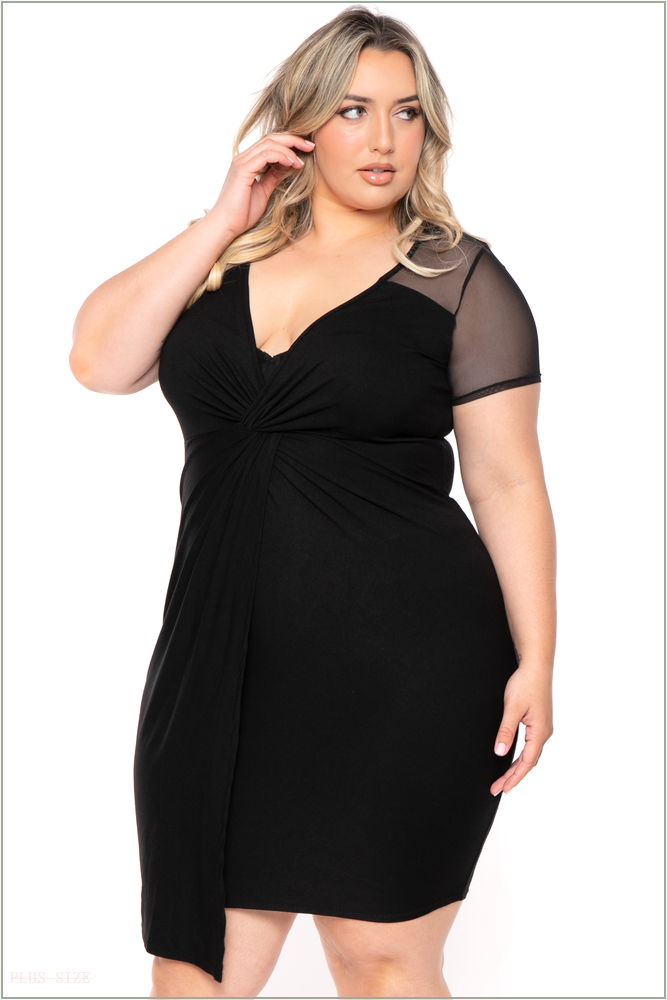  Plus Size Nezza Twist Front Short Sleeve Dress- Black E37-CS2422-BK-1X