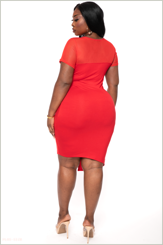  Plus Size Nezza Twist Front Short Sleeve Dress- Red D17-CS2422-RD-1X