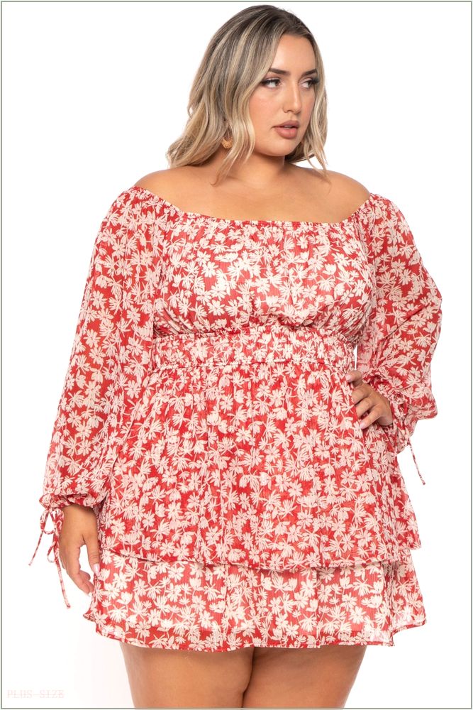  Plus Size Olene Chiffon Printed Dress - Red H13-CS2564-RD-1X