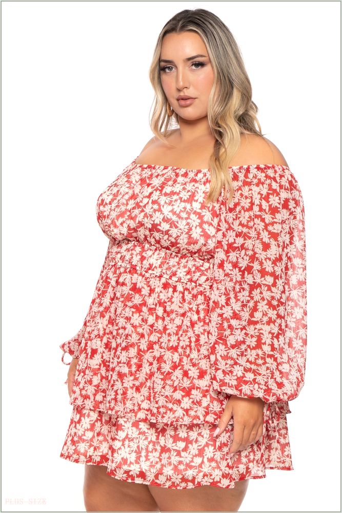  Plus Size Olene Chiffon Printed Dress - Red H13-CS2564-RD-1X