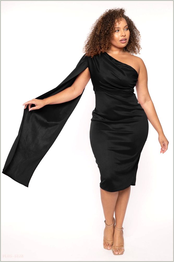  Plus Size One Shoulder Cape Midi Dress - Black L60-LD70130X-BK-1X