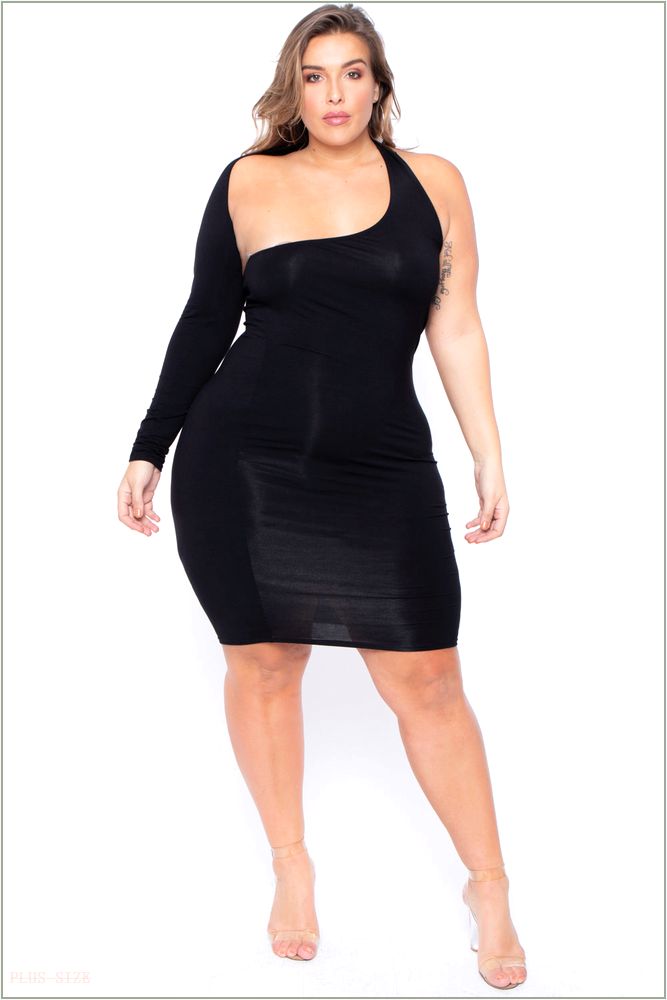  Plus Size One Sleeve Asymmetric Dress- Black V49-CS0285-BK-4X