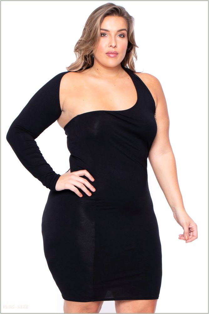  Plus Size One Sleeve Asymmetric Dress- Black V49-CS0285-BK-4X