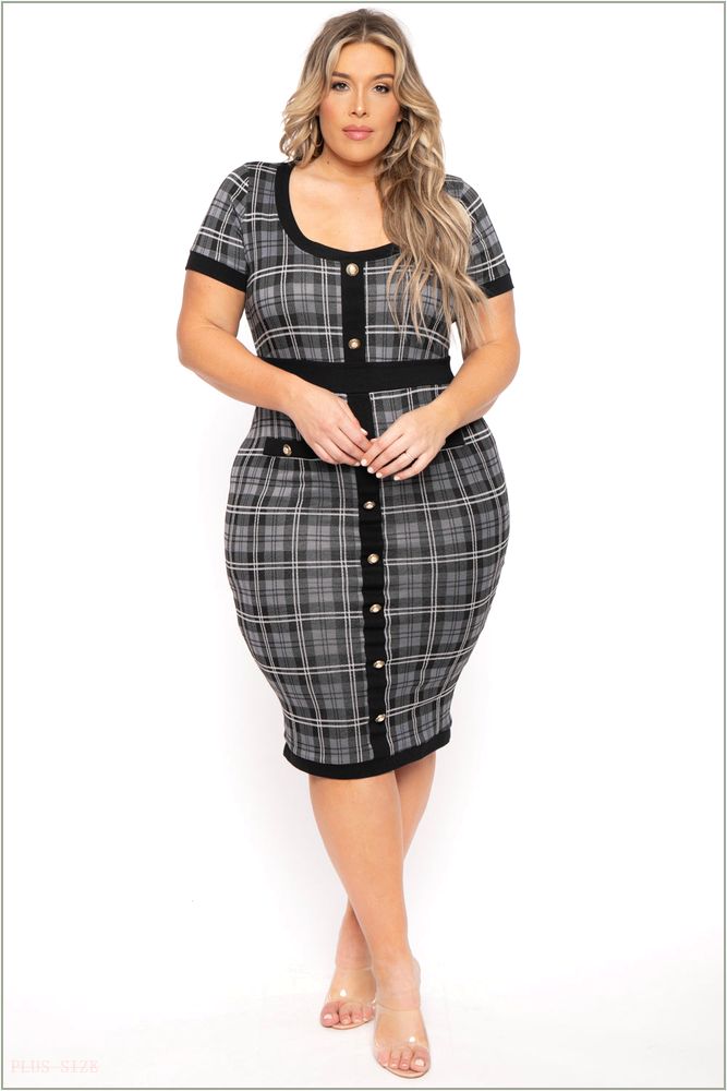  Plus Size Penelope Plaid Midi Dress- Grey M16-CS2313-GY-1X