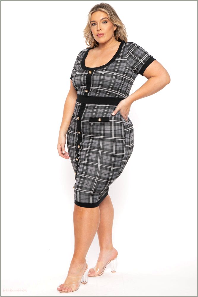  Plus Size Penelope Plaid Midi Dress- Grey M16-CS2313-GY-1X