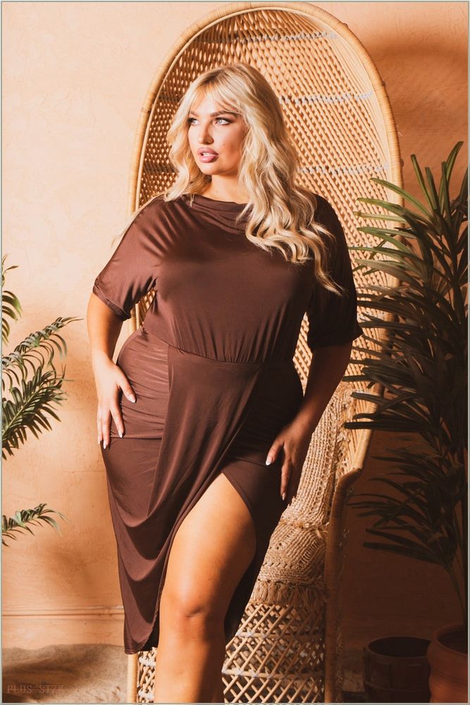  Plus Size Porscha Boat Neck Dolman Sleeve Dress -Brown K17-SD1248-S-BR-2X