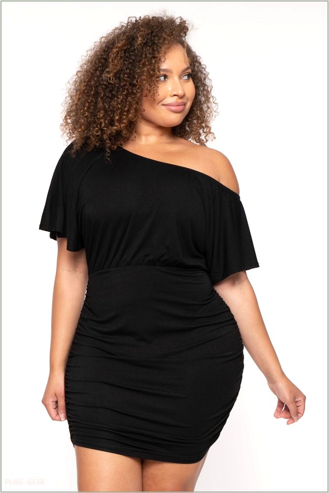  Plus Size Reine Rouched Mini Dress - Black NG4-CS2632-BK-1X