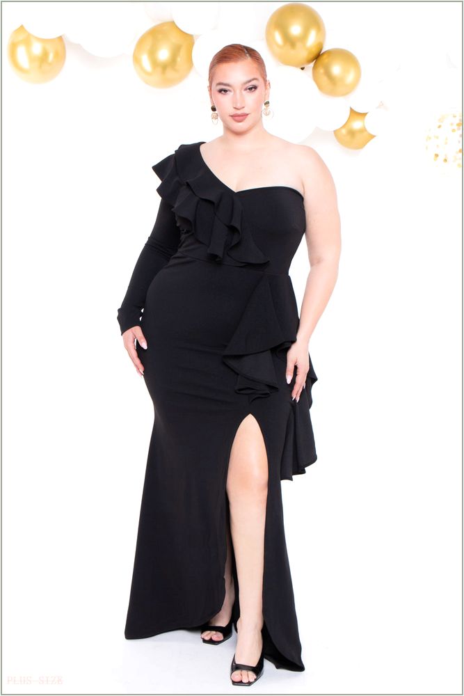  Plus Size Riku Asymmetric Ruffle Gown - Black P15-IXD6680EP-BK-1X