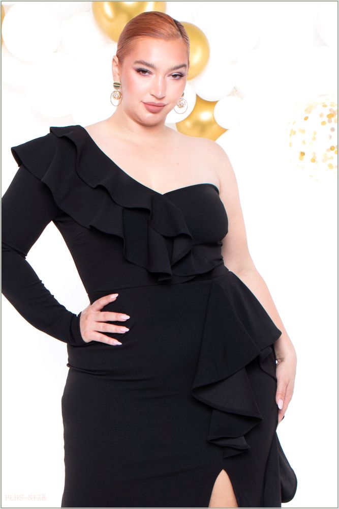  Plus Size Riku Asymmetric Ruffle Gown - Black P15-IXD6680EP-BK-1X