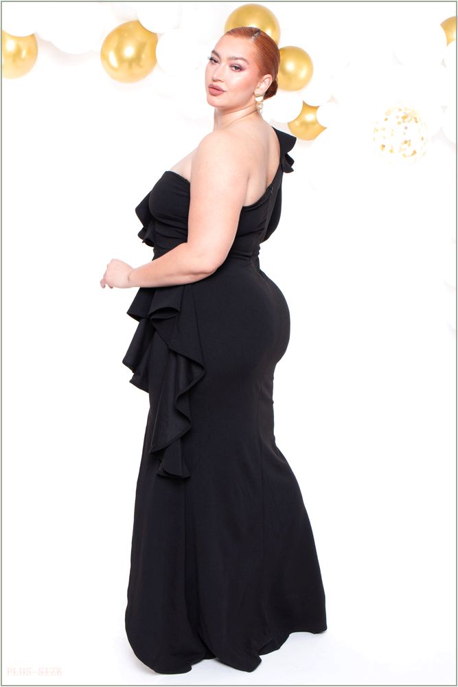  Plus Size Riku Asymmetric Ruffle Gown - Black P15-IXD6680EP-BK-1X