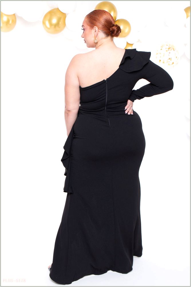  Plus Size Riku Asymmetric Ruffle Gown - Black P15-IXD6680EP-BK-1X